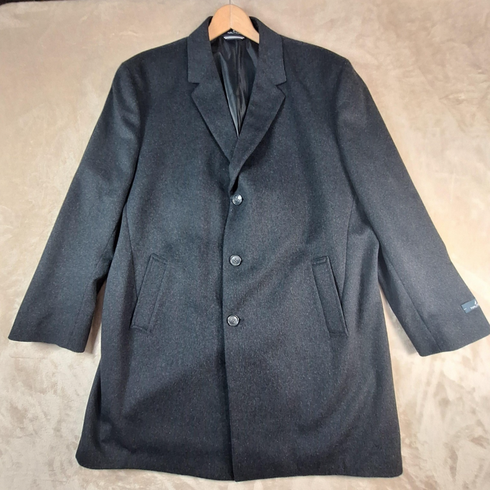 Nautica Coat Mens 48R Charcoal Wool Blend Topcoat Overcoat 3 Button Single Vent